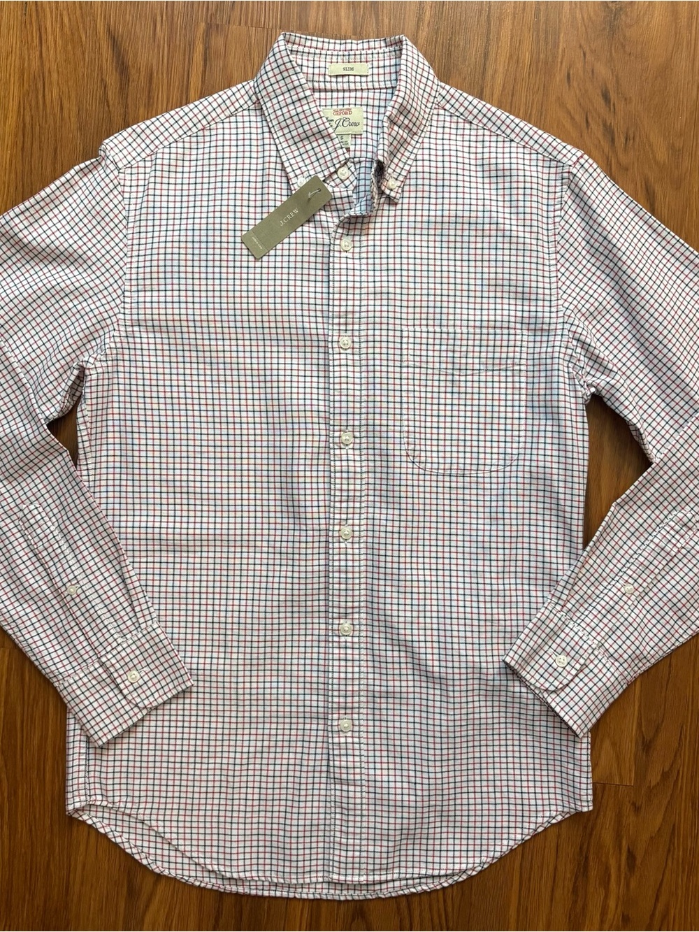 J Crew Shirt Red Black Stripes Button Up Long Sleeve Mens Small Slim Fit Casual